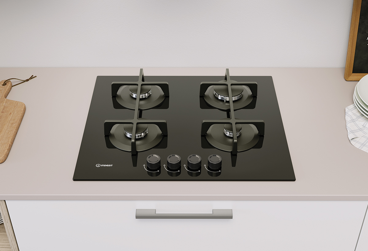 Απεικονίζεται η εστία πάνω σε πάγκο κουζίνας.